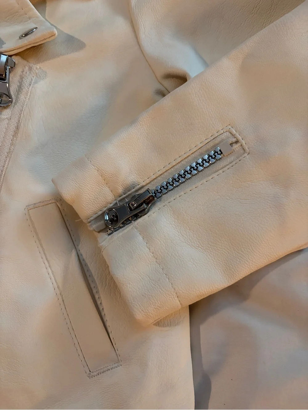 Little Lass Cream Faux Leather Moto Jacket with Silver Hardware